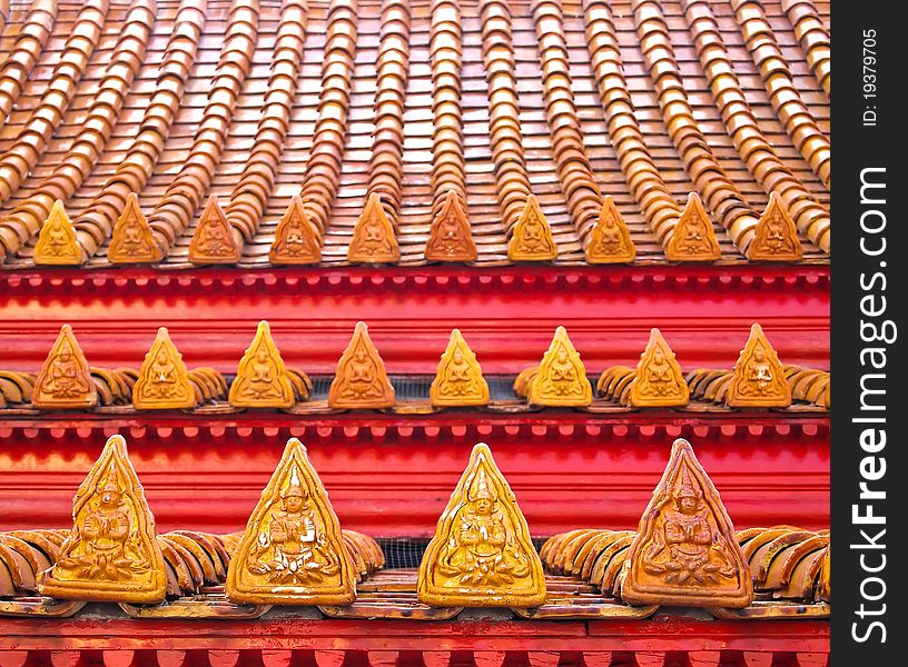 Close up Angle Statue at Roof Tiles of Temple in Bangkok , Thailand