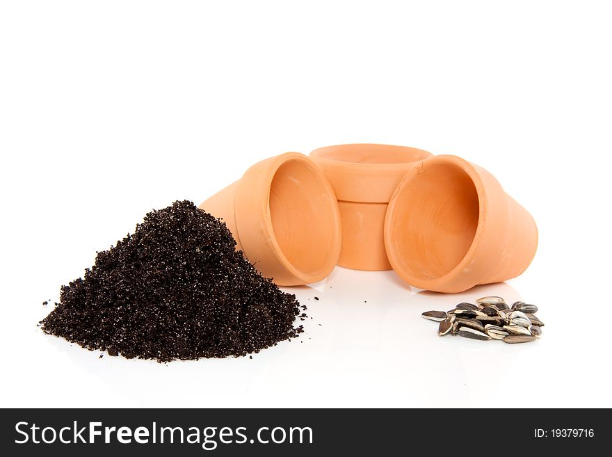 Ready to plant the sunflowerseeds in a terracotta flower pot isolated over white