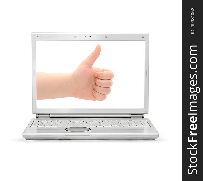 Laptop with a human hand making ok sign on the screen isolated on white background. Laptop with a human hand making ok sign on the screen isolated on white background