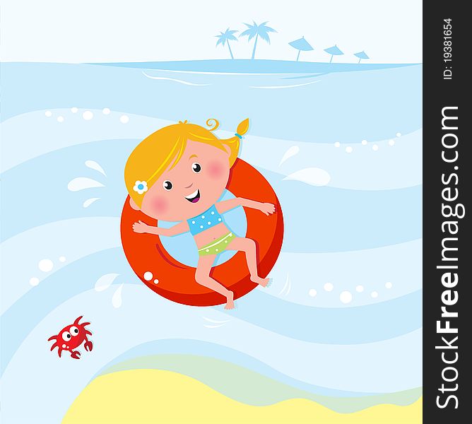 Vector cartoon illustration of cute swimming child. Vector cartoon illustration of cute swimming child.