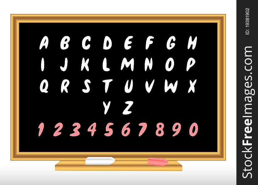 Alphabet and numbers on a black school board. Alphabet and numbers on a black school board.