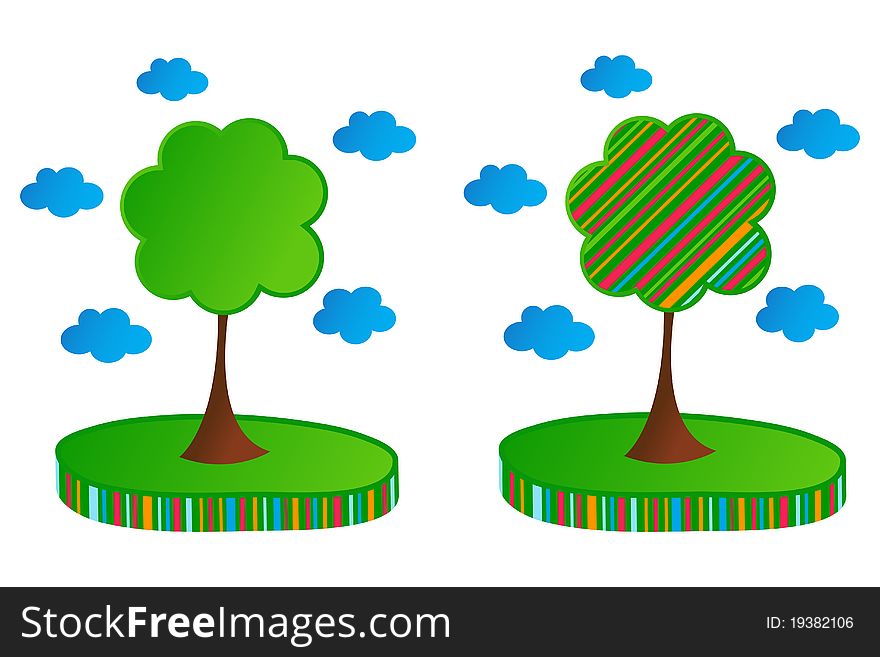 Colorful green trees, isolated design elements