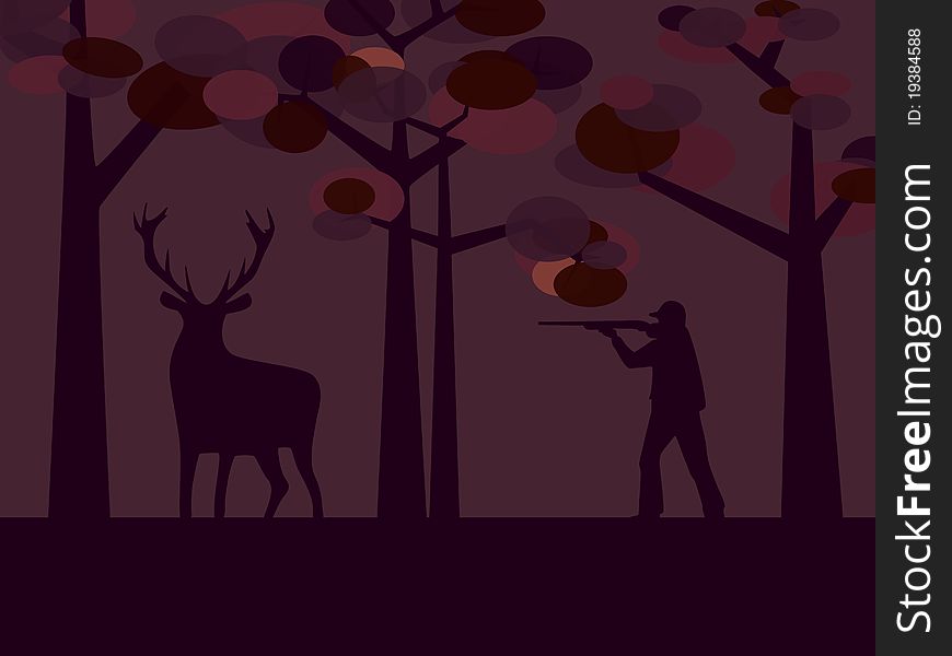 An illustration of a hunter hunting for deer. An illustration of a hunter hunting for deer.