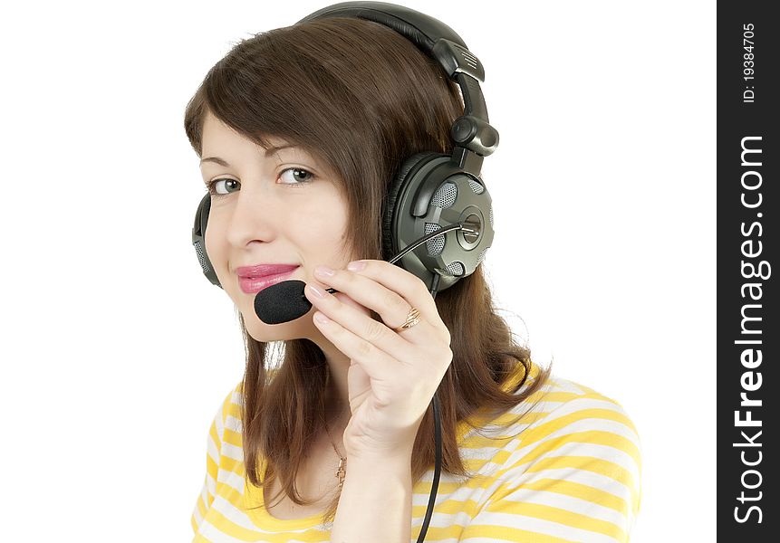 Girl in headphones on white background