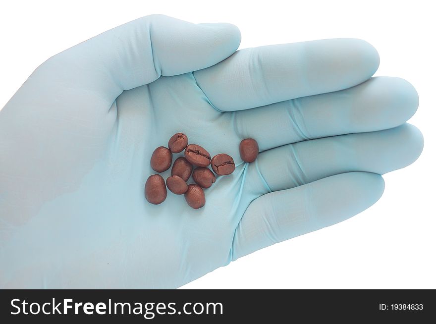 Isolated photo gloved hand holding coffee beans. Isolated photo gloved hand holding coffee beans
