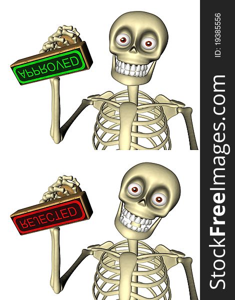 Computer generated 3D illustration of Cute skeleton officer gives stamp approved / rejected. Theme of approval, bureaucracy …