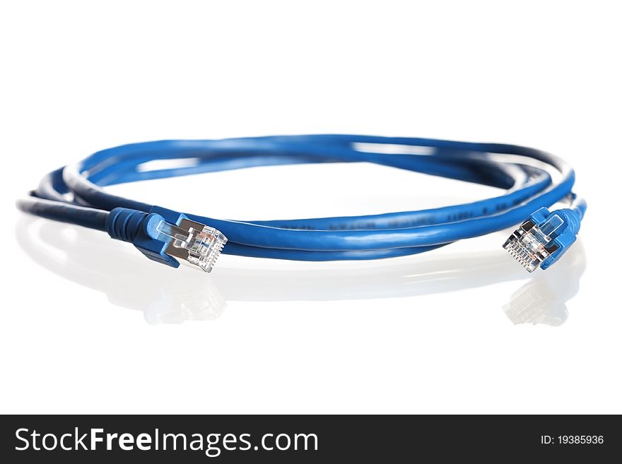 Close up of blue wound-up network cable with reflection, isolated on white background. Close up of blue wound-up network cable with reflection, isolated on white background.