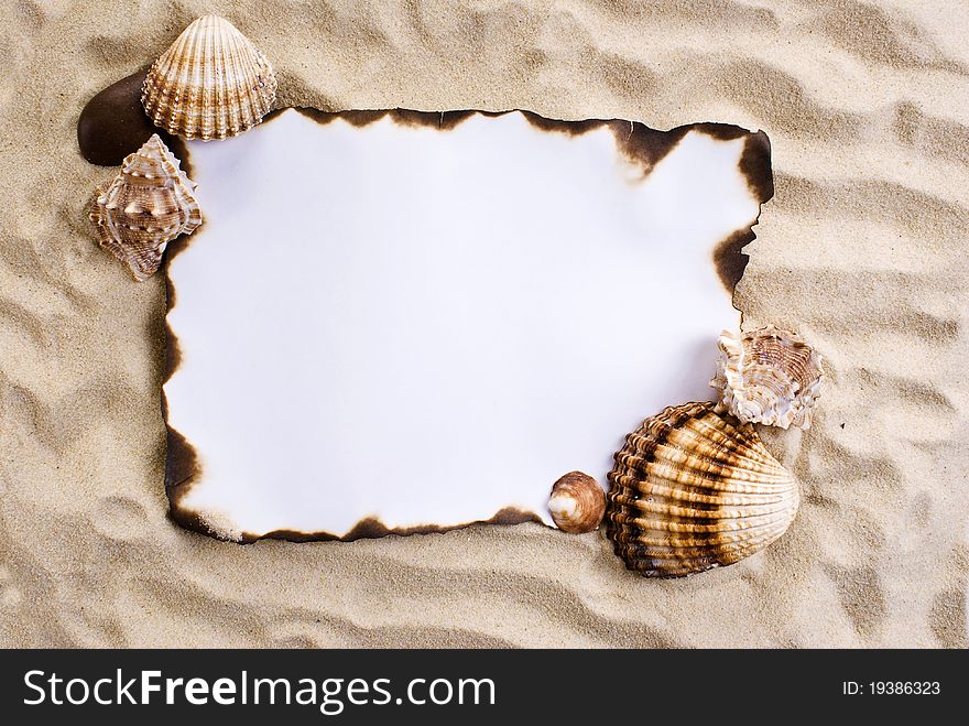 Burned paper on the sand with shells. Burned paper on the sand with shells