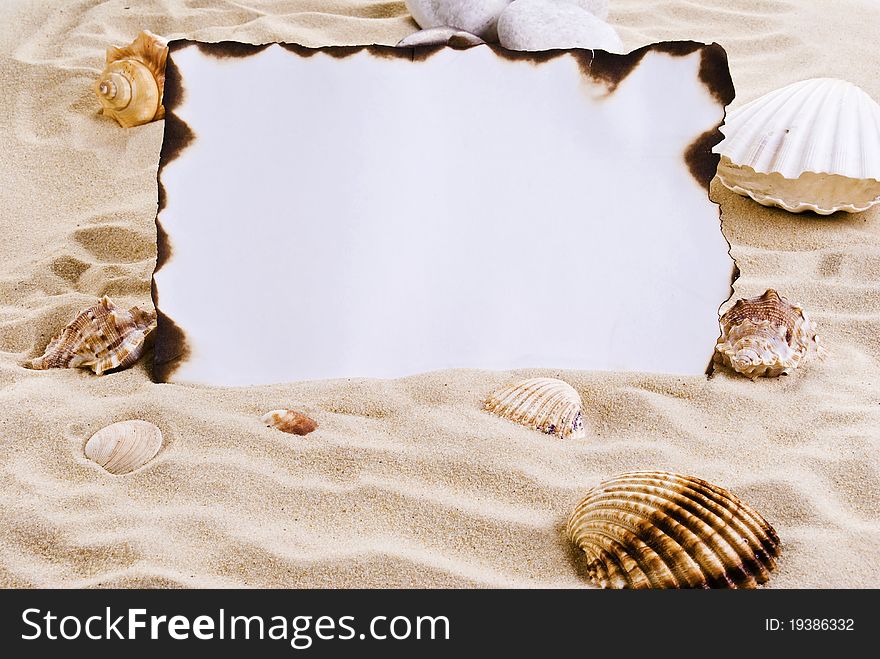 Burned paper on the sand with shells. Burned paper on the sand with shells