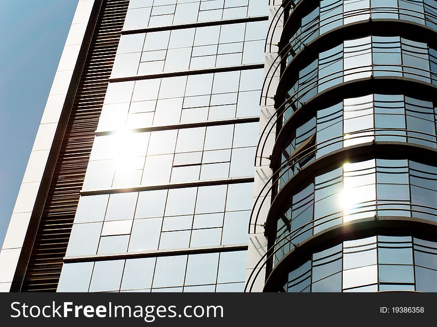 Commercial building exterior glass, the sun dipped