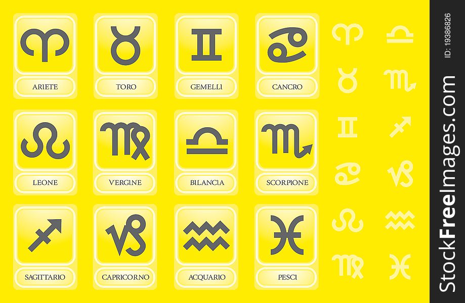 Zodiac Signs on a yellow background in Italian