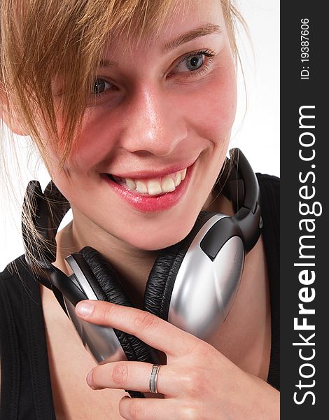 Young chick wearing a stereo headset. Young chick wearing a stereo headset