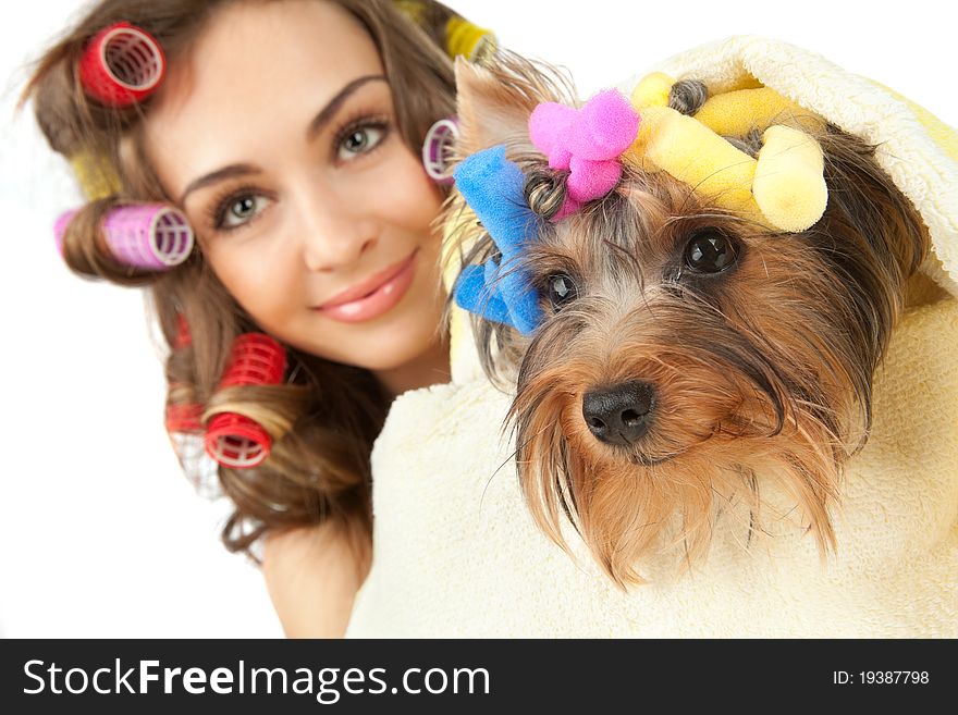 Young adult female with Yorkshire Terrier dog