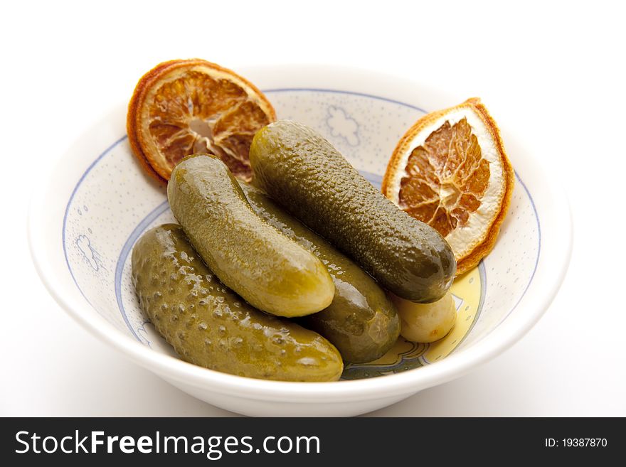 Gherkin as a supplement in the bowl. Gherkin as a supplement in the bowl