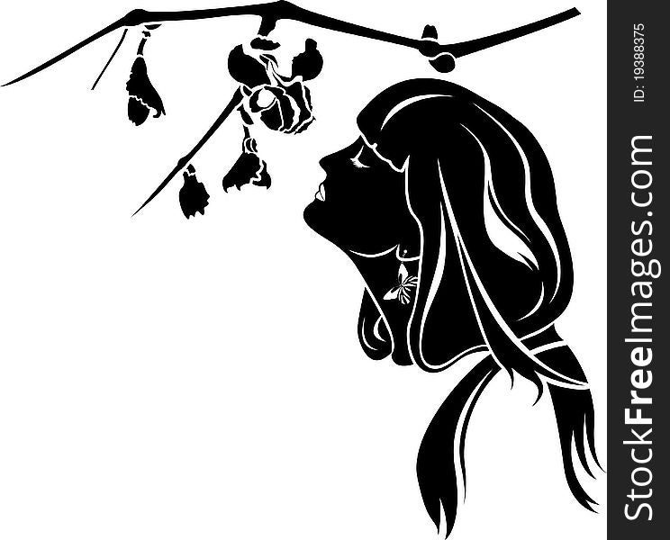 Female profile with branch with flowers stencil