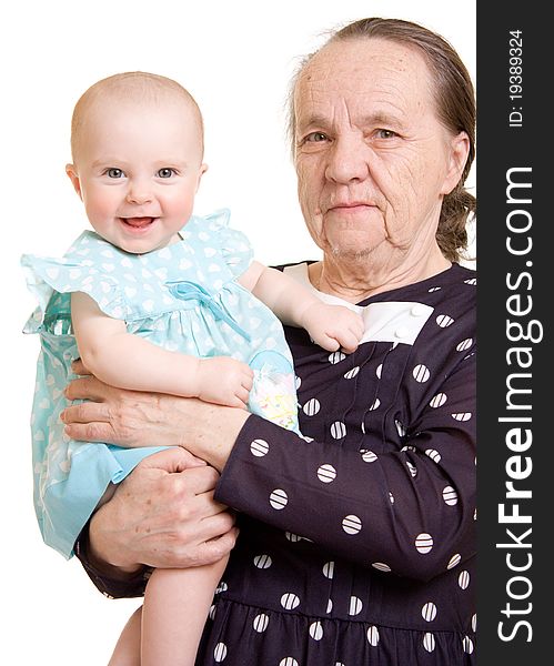 Grandma with the baby on a white background
