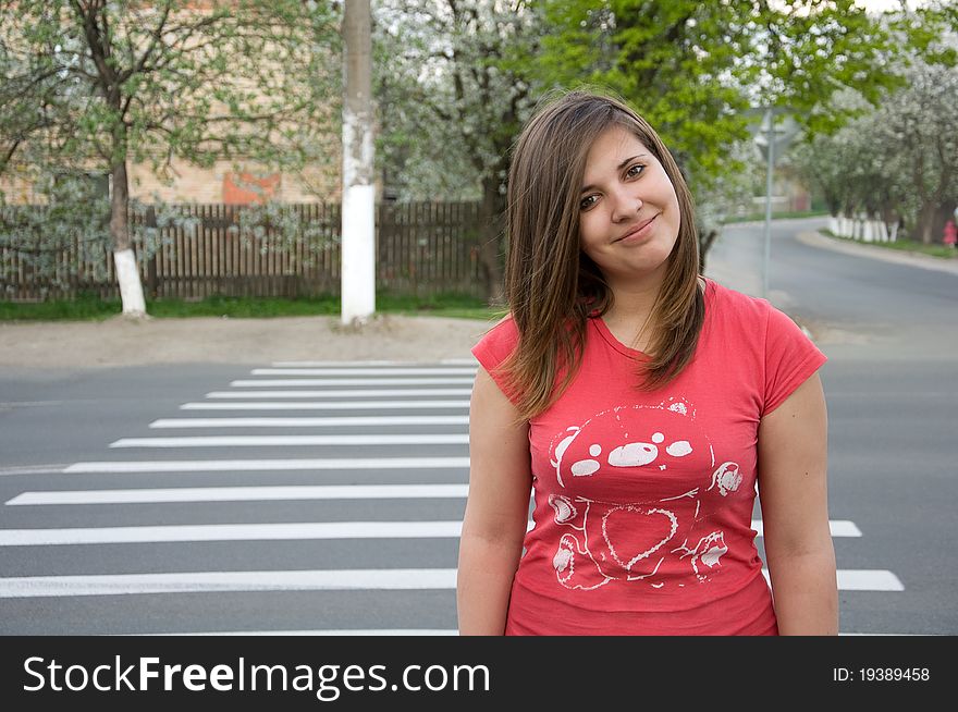 Teen Girl Crossing The Road