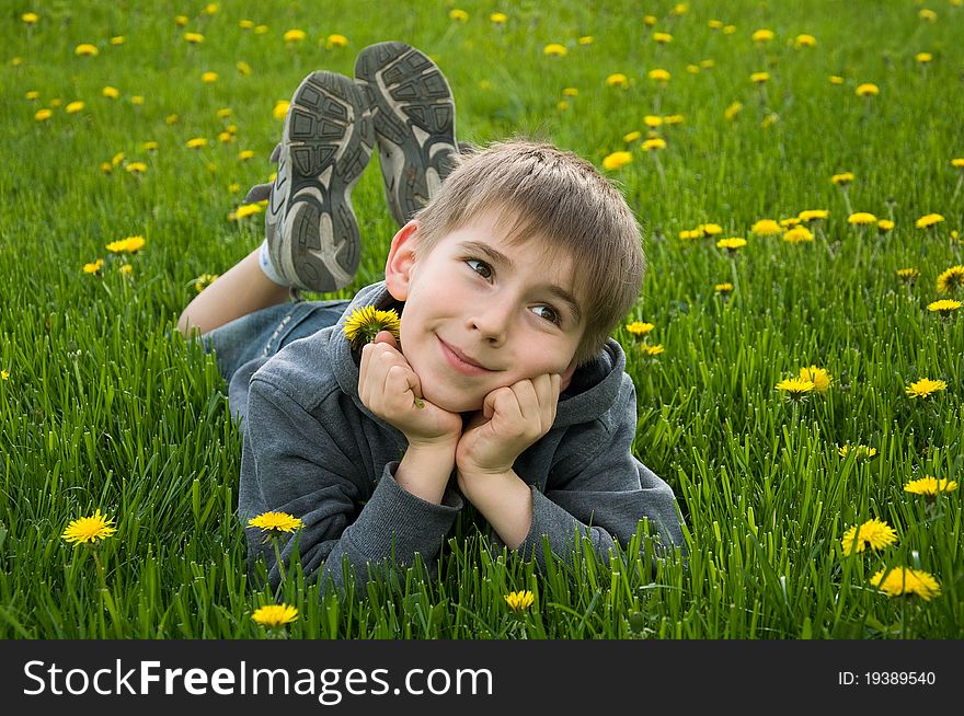 Boy lying on dandelion meadow