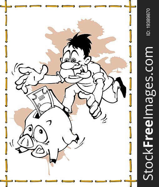 Man runs after piggy bank with money.An illustration is divided into layers.Additionally, a vector EPS format. Man runs after piggy bank with money.An illustration is divided into layers.Additionally, a vector EPS format.