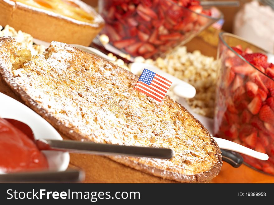 Dessert buffet of cake and fruits