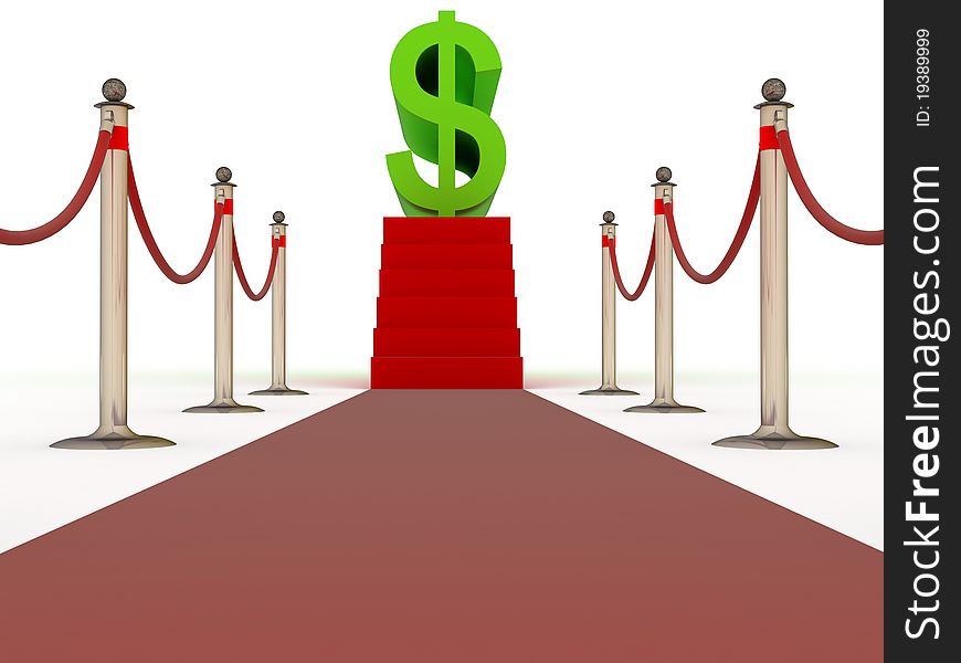 Red carpet walk with steps to sign of dollar
