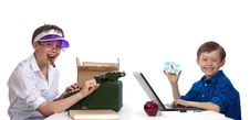 Old Vs New By Two Boys With Technology Royalty Free Stock Photo Old Vs New By Two Boys With Technology Royalty Free Stock Photo