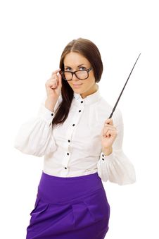 Woman Wearing Glasses Standing And Holding Pointer Royalty Free Stock Photography Woman Wearing Glasses Standing And Holding Pointer Royalty Free Stock Photography