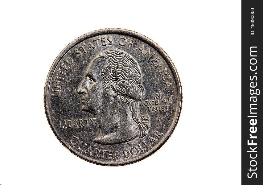 Coin in 25 American cents (isolated, closeup)