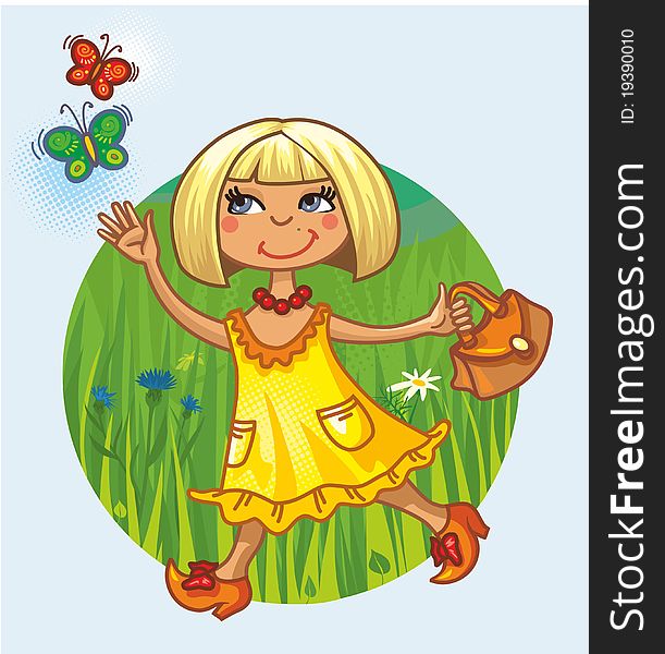 Illustration of a girl in the circle and with flowers in background. Illustration of a girl in the circle and with flowers in background
