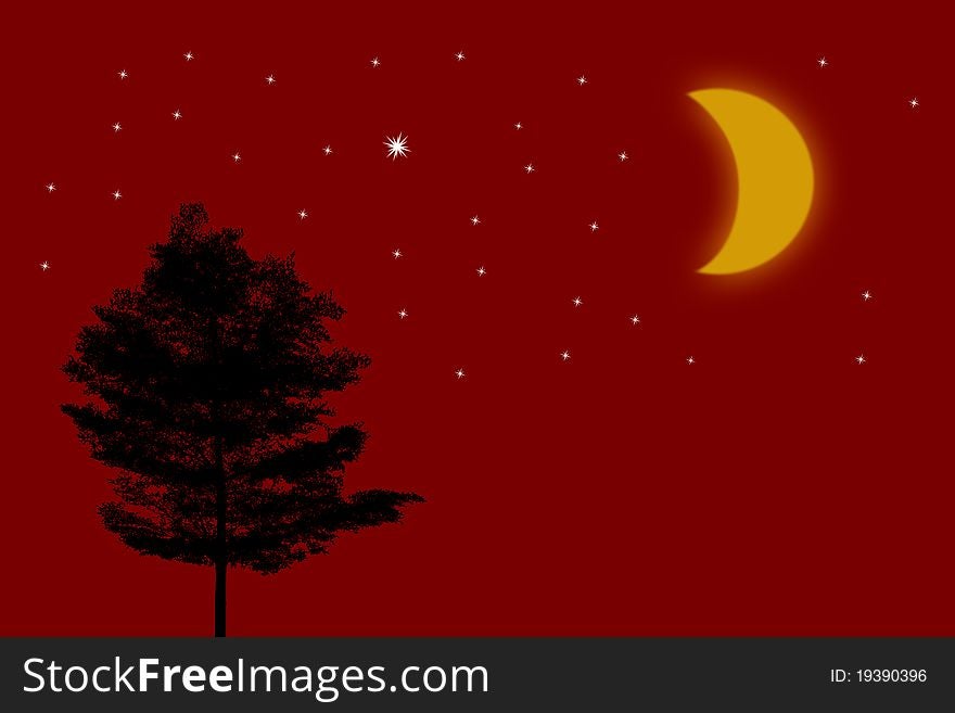 Silhouette of trees with Moon and stars