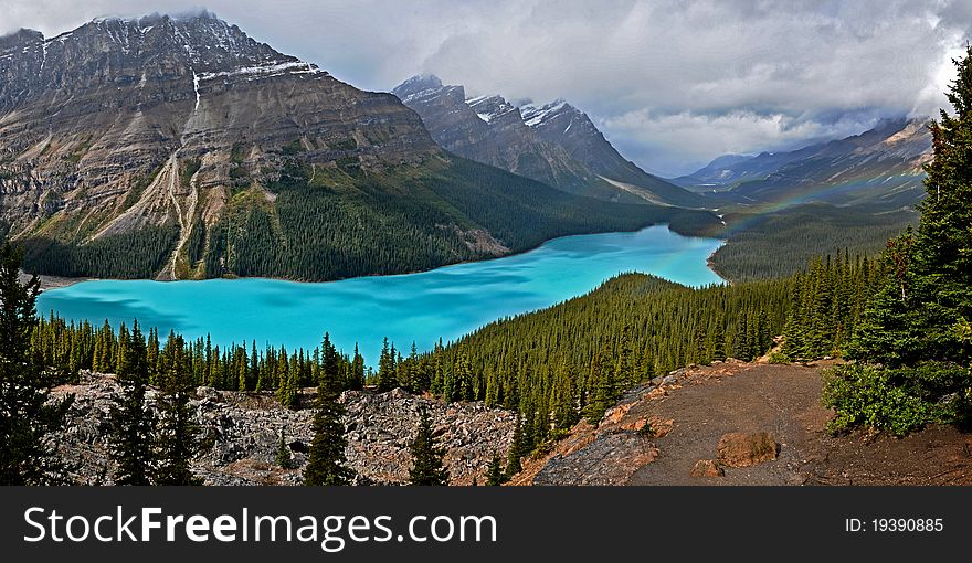 This photograph was taken in a national park in West-Canada. It's Peyto lake, one of the most photographed lakes in the world and is famous for it's blue color. This photograph was taken in a national park in West-Canada. It's Peyto lake, one of the most photographed lakes in the world and is famous for it's blue color