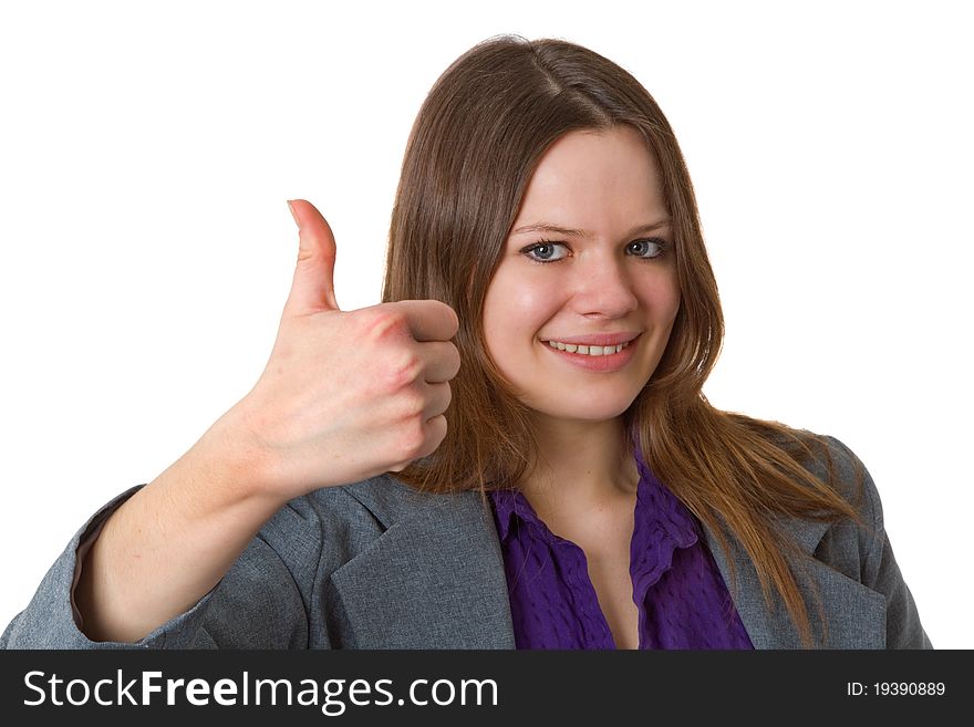 Businesswoman with thumbs up gesture, isolated on white background