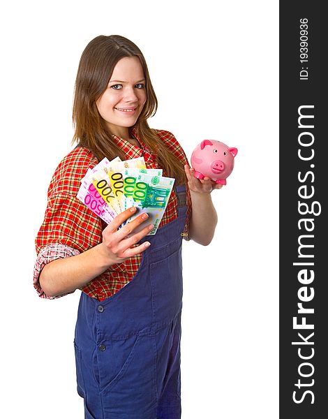 Young friendly craftswoman with euro banknotes isolated on white background