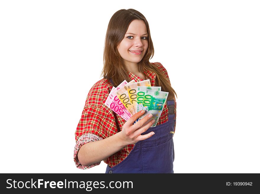 Craftswoman with euro banknotes