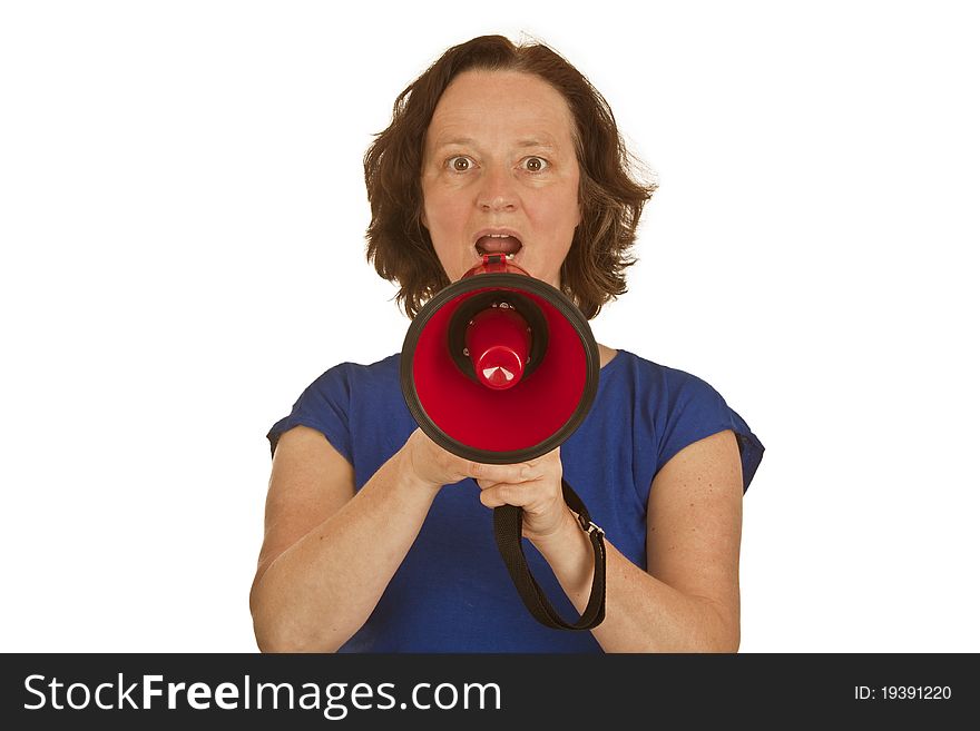 Middle aged woman with megaphone isolated on white background