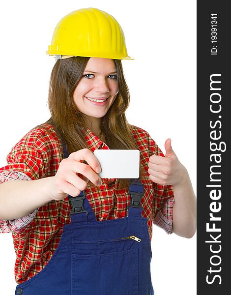Young friendly craftswoman with businesscard  isolated on white background
