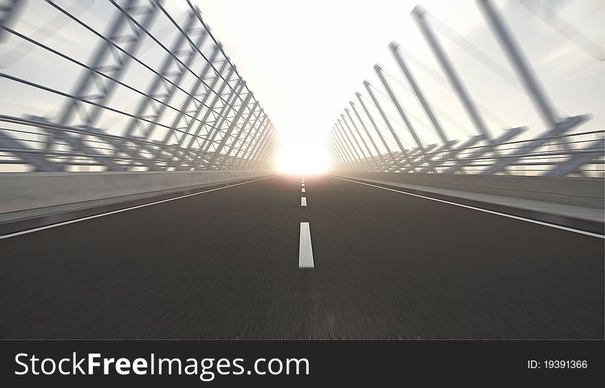 Very high resolution conceptual 3d render of an cantilever bridge street to nowhere with dusk and sunset. Very high resolution conceptual 3d render of an cantilever bridge street to nowhere with dusk and sunset.