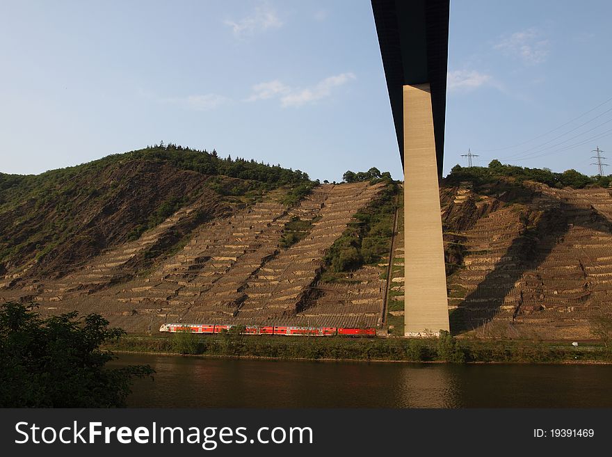 The Mosel river valley road bridge in Germany. The Mosel river valley road bridge in Germany.