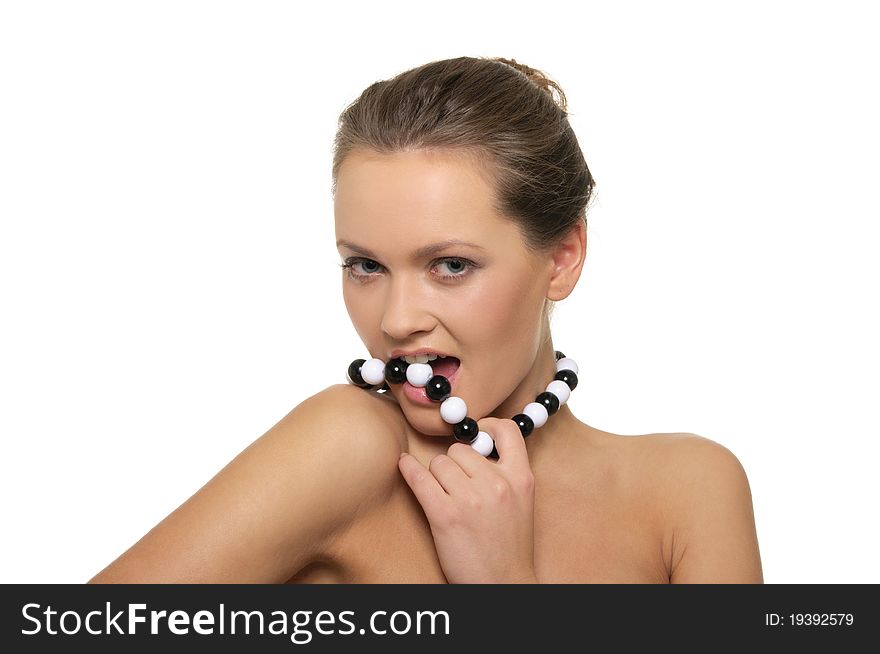 Beautiful woman with black and white beads