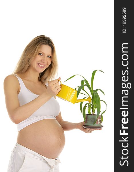 Pregnant woman watering the plant isolated on white