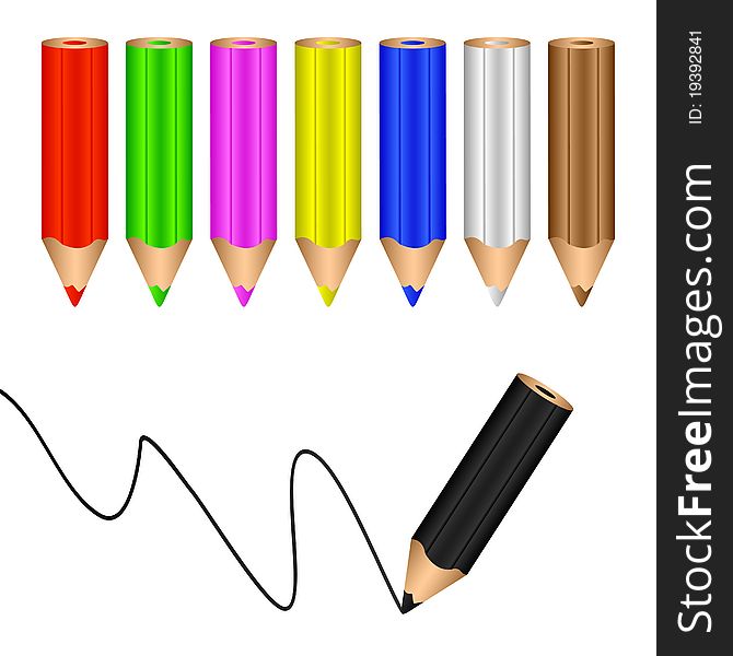 Multicolored pencils on a white background. The black pencil draws a line. Multicolored pencils on a white background. The black pencil draws a line.