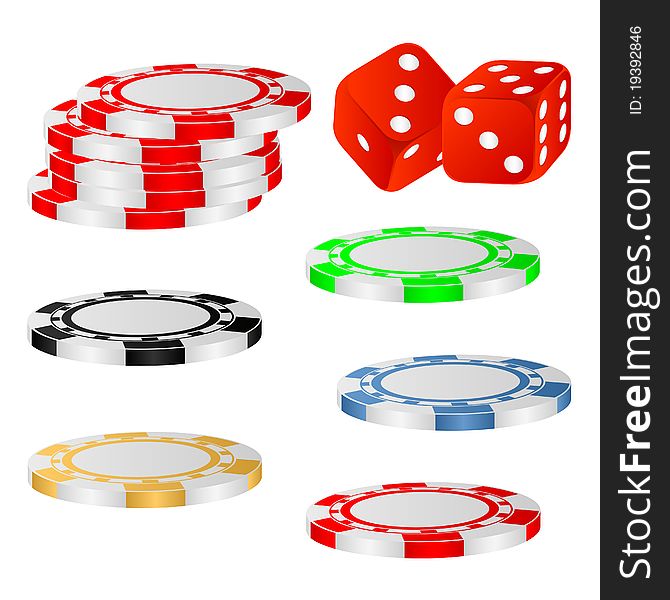 Casino chips and dice on a white background. Casino chips and dice on a white background.