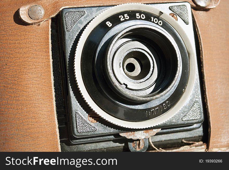 Close-up of vintage leather camera. Close-up of vintage leather camera