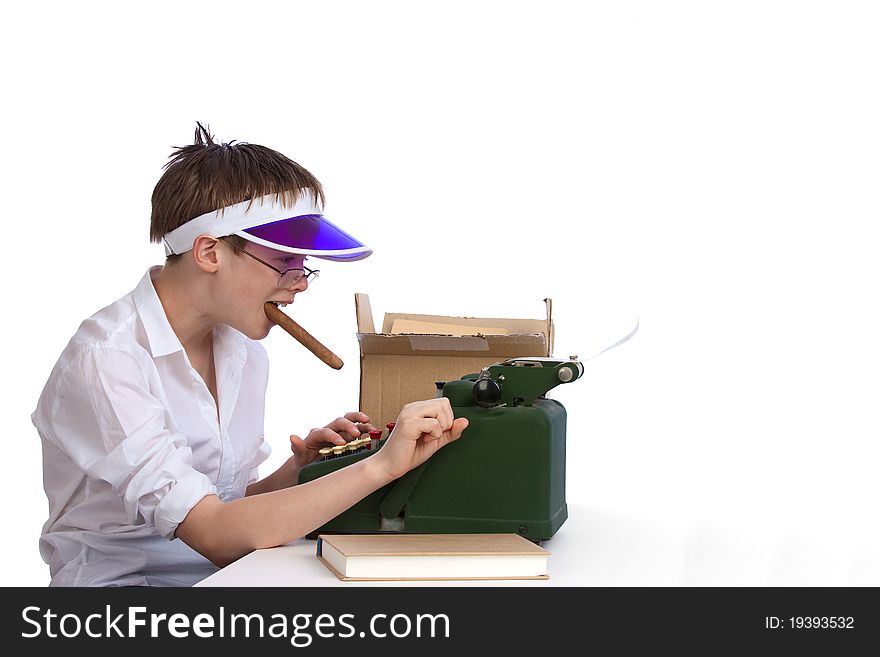 Young Boy With Old Adding Machine And Cigar