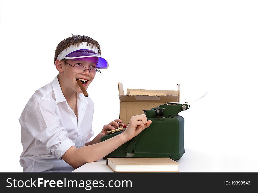 Young Boy With Old Adding Machine And Cigar