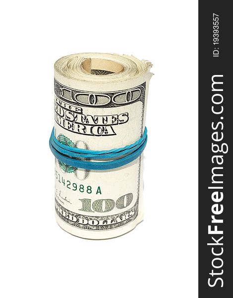 Roll of the dollars which have been tied up by a dark blue tape