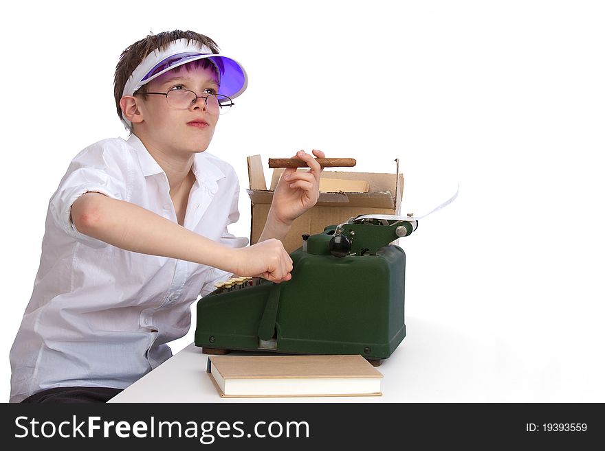 Young boy with old adding machine and cigar