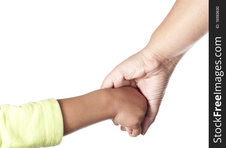 Mother and child hold by hands on a white background. Mother and child hold by hands on a white background