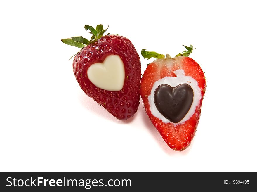 Picture of one and a half strawberry with chocolate hearts