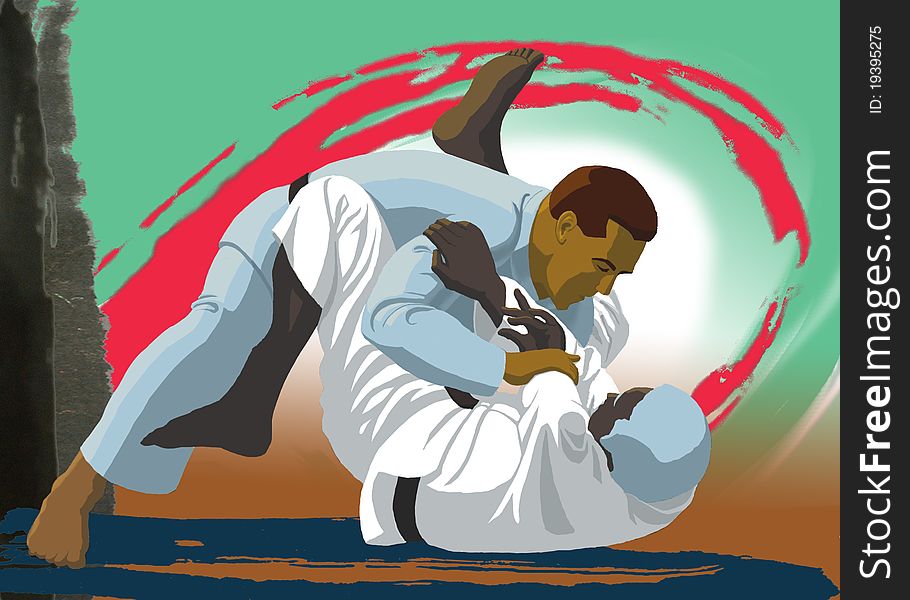 Two judo competitors with graphic background. Two judo competitors with graphic background